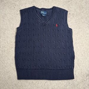 Polo Ralph Lauren Navy Blue Cable Knit V-Neck Sweater Vest Boys Size 7 Red Pony